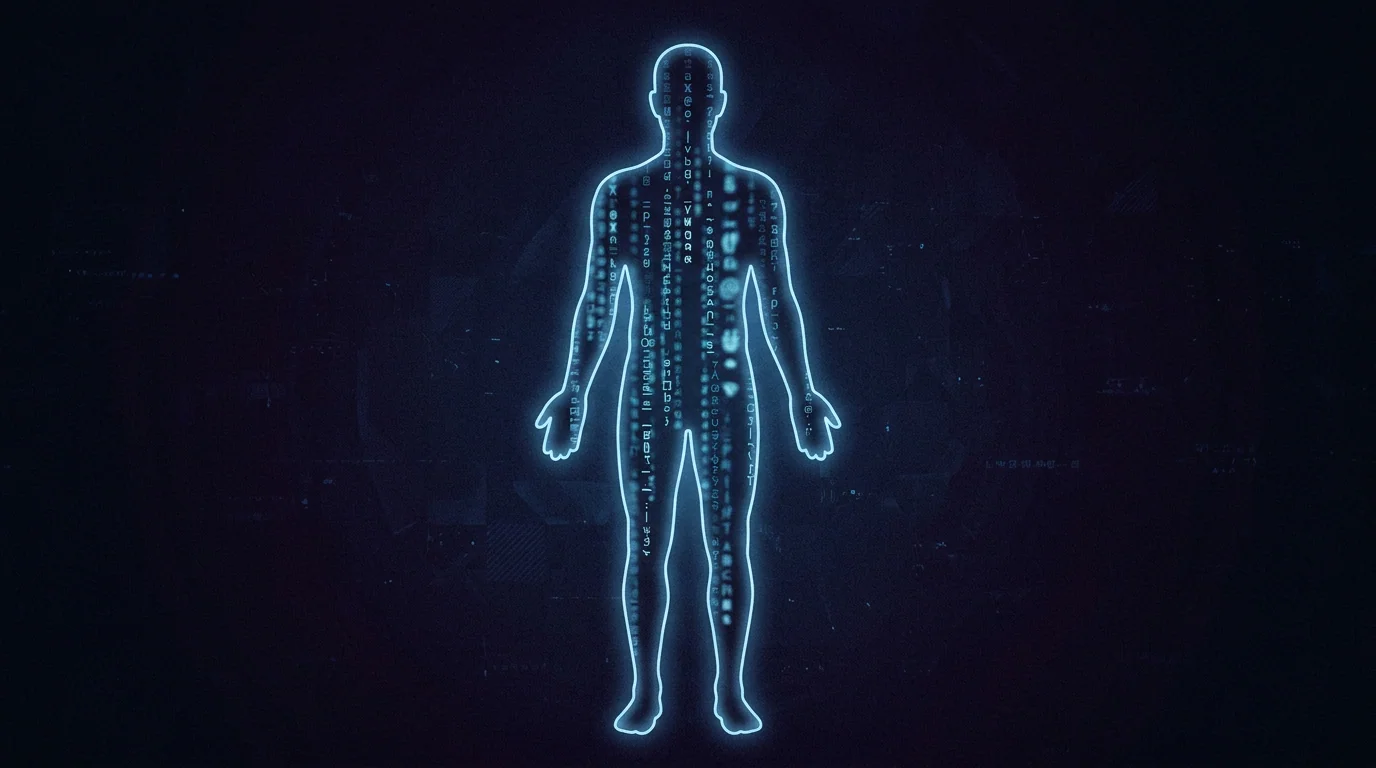Silhouette filled with scrolling text tokens, fluent words, no lived body.