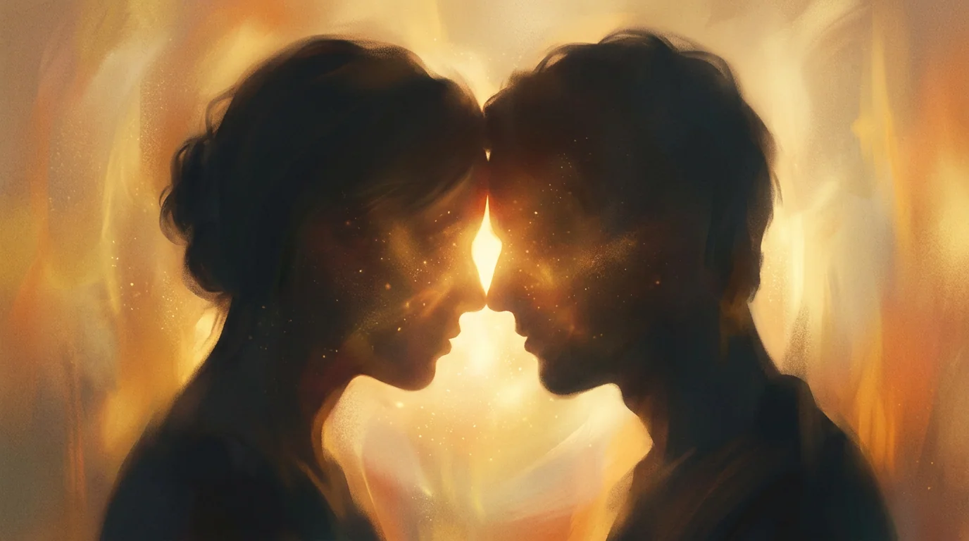 Two figures close, shared warm light, attunement as a human phenomenon.
