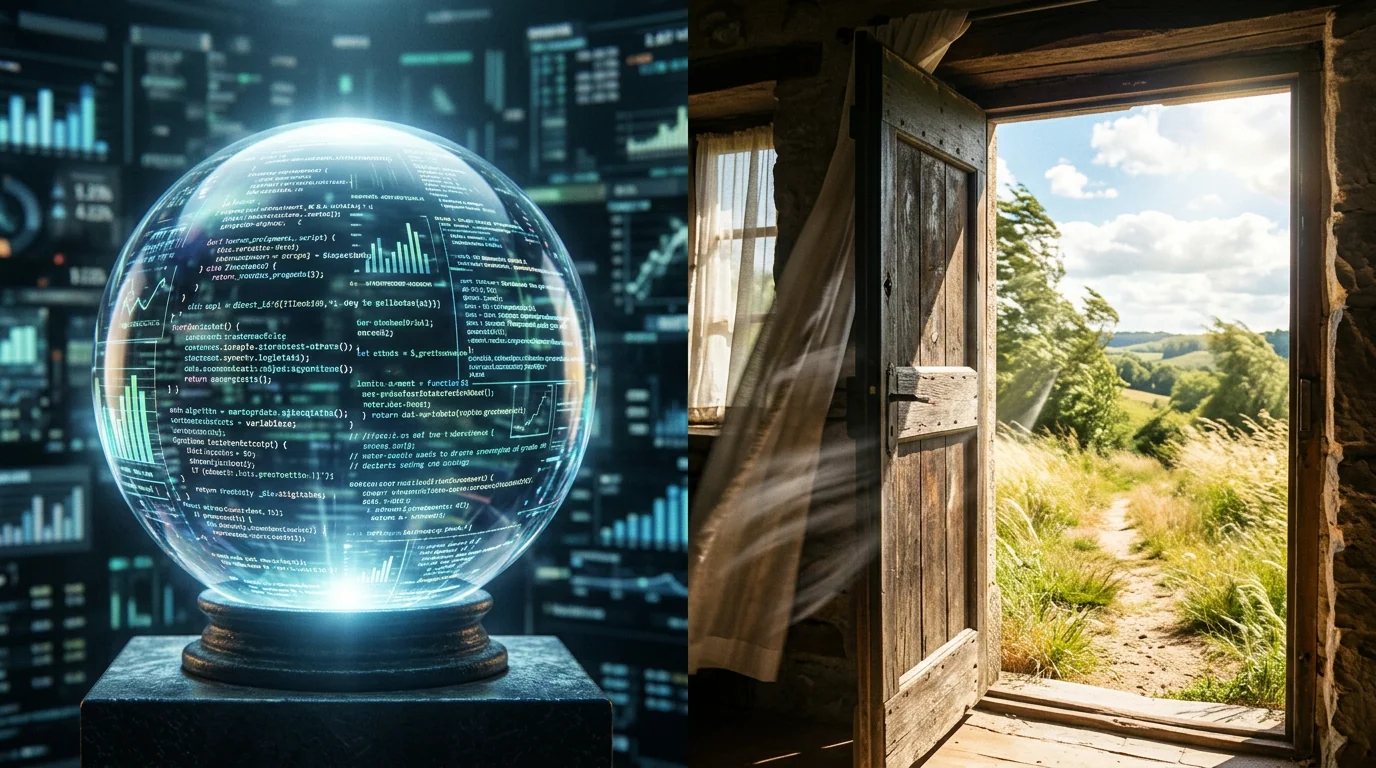 Crystal sphere of code versus open door with sunlight and wind, prediction vs lived presence.