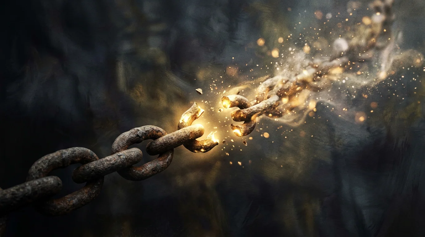 Heavy chain dissolving into light, breaking deterministic thinking.