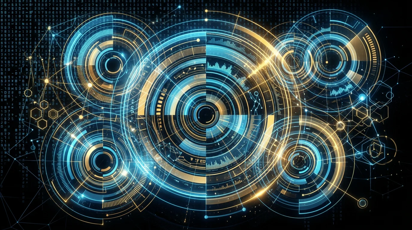 Abstract layered circular charts and number lattice like a HUD on black.