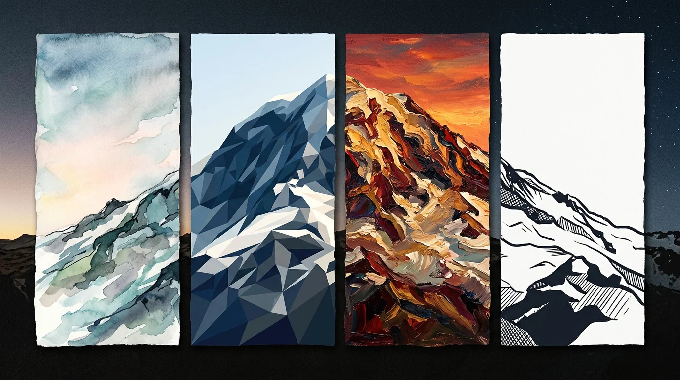 One mountain shown as separate vertical slices, partial truths of one mass.