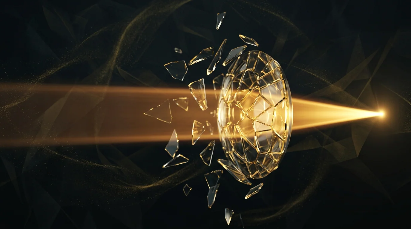 Glass shards aligning into a lens focusing one beam of light.