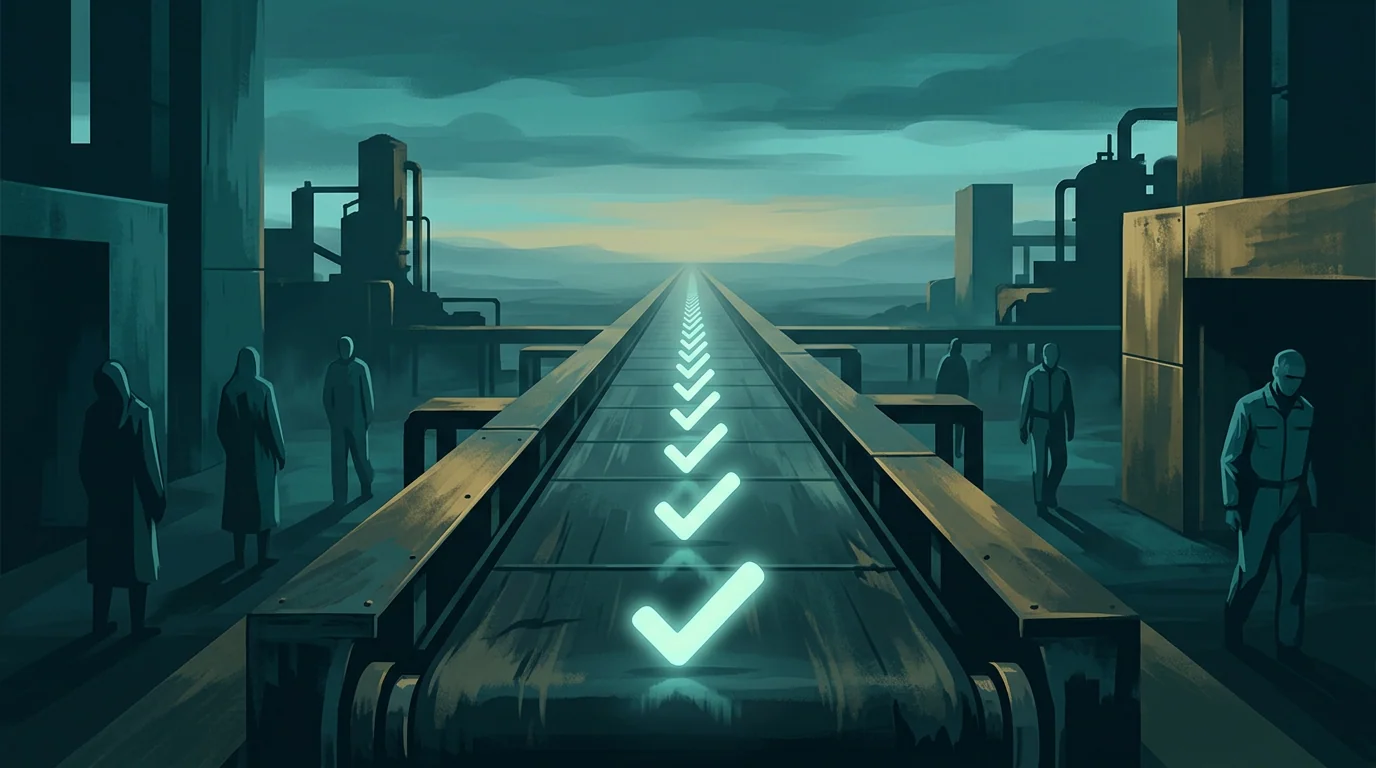 Abstract endless conveyor of glowing checkmarks on a dark horizon.