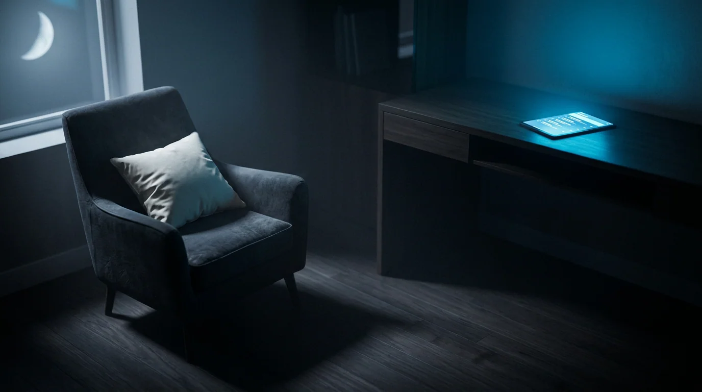 Moonlit rest space with cold glow of task guilt, recovery feels unsafe.