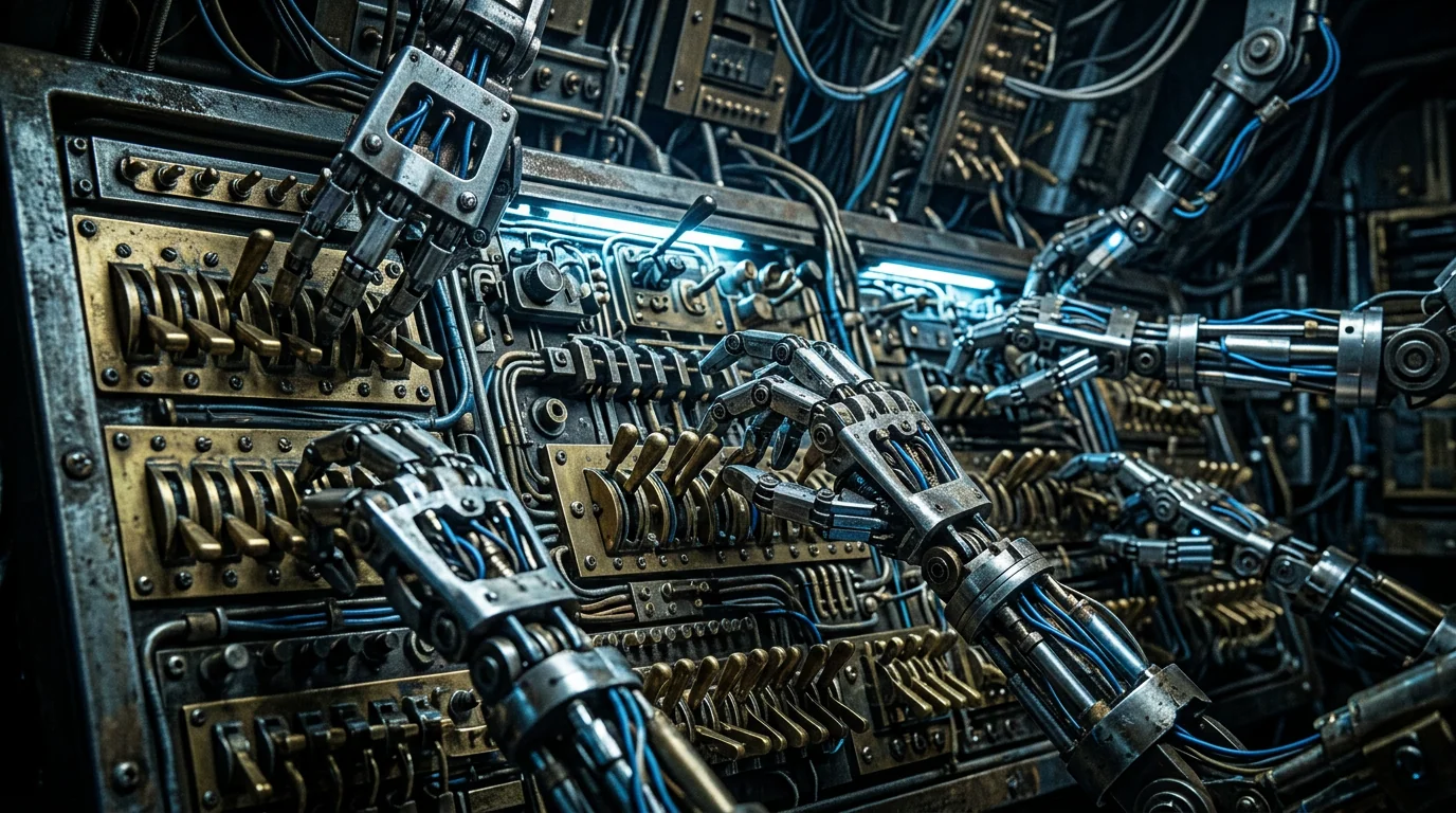 Abstract many mechanical hands pulling levers on a dense control panel.