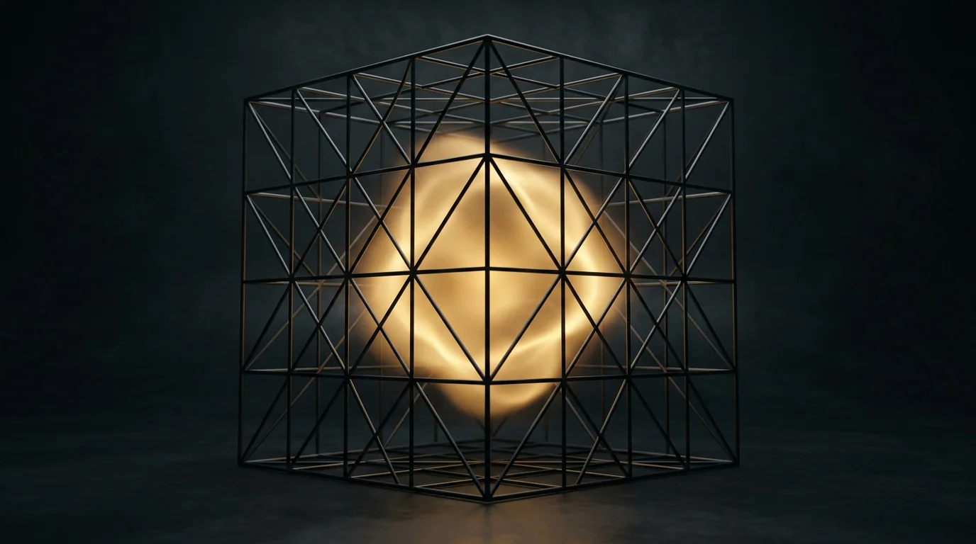 Soft golden light pulsing inside a dark wireframe, room to breathe inside structure.
