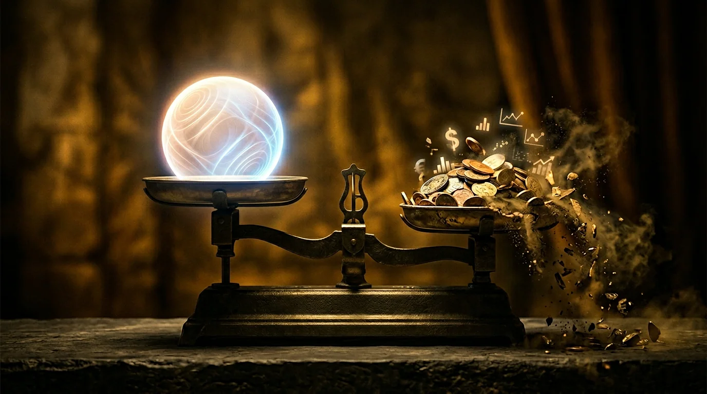 Abstract balance scale, coherence versus metrics and gain dissolving.