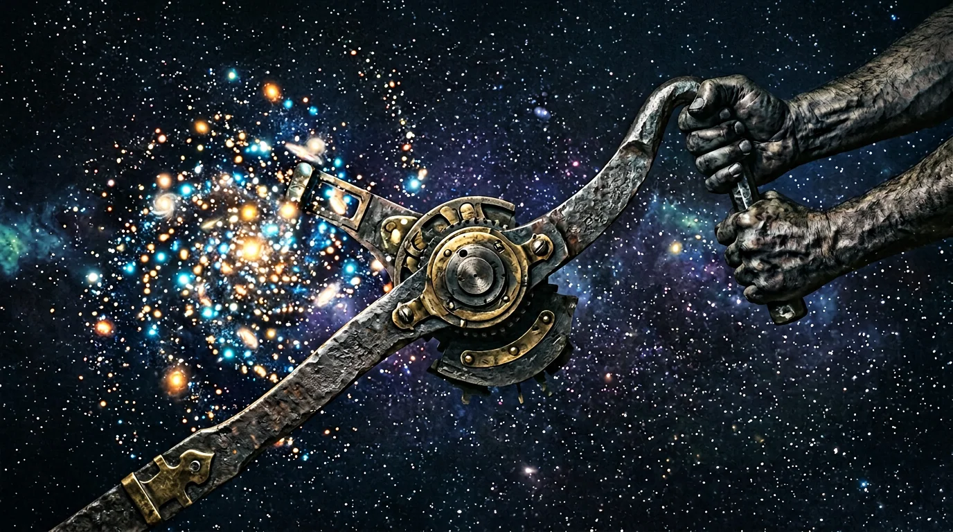 Heavy lever moving a field of glowing focal points, attention as first lever.