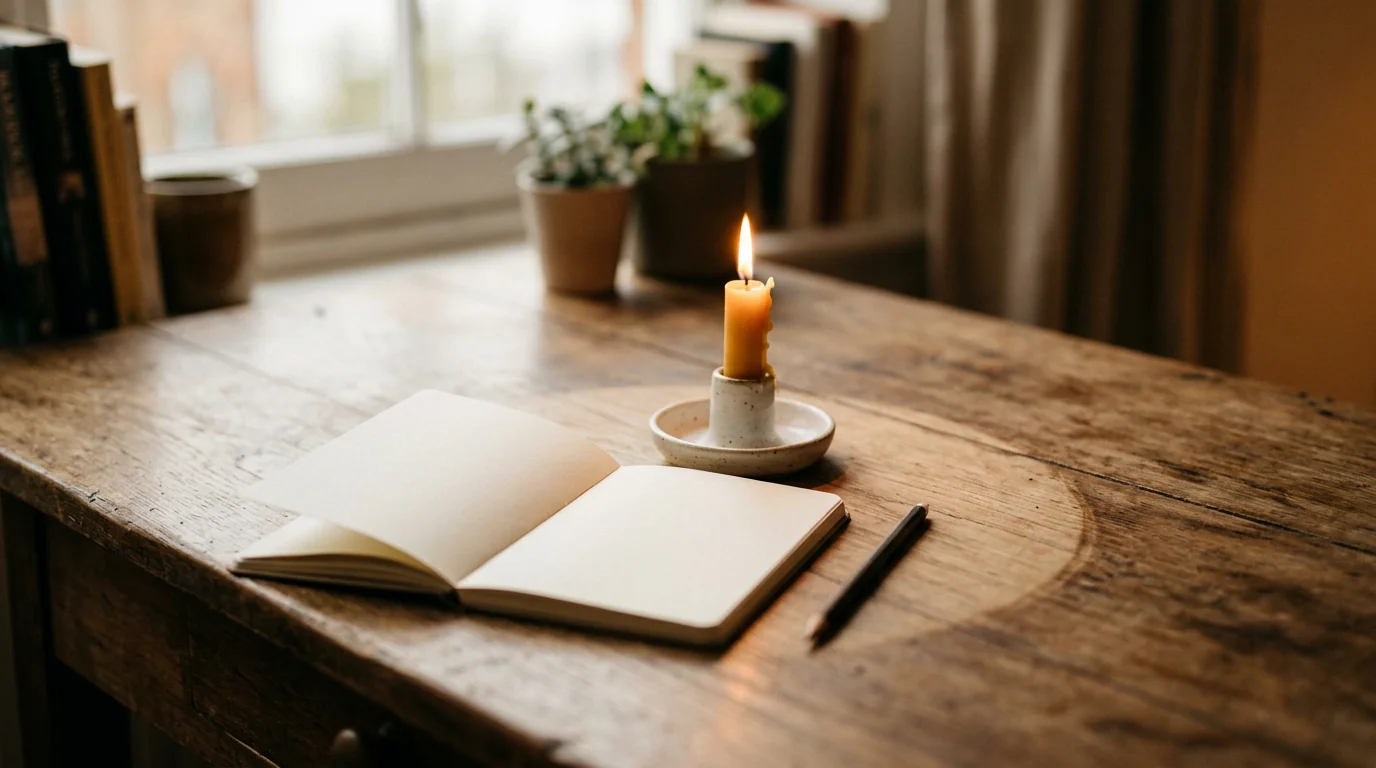 Warm still space, candle and clear surface, attention reclaimed.