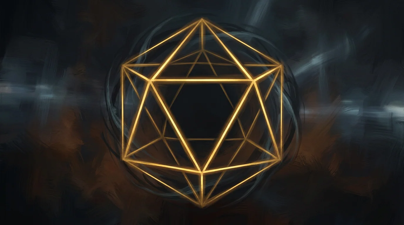 Abstract rigid golden geometric light cage around empty center, fixed state as trap.