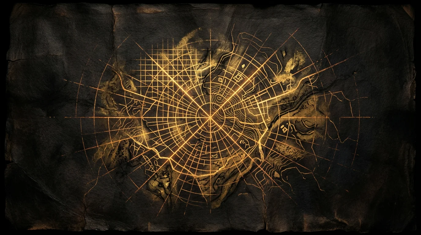 Abstract glowing map lines on dark vellum fading into blank unknown at the edges.
