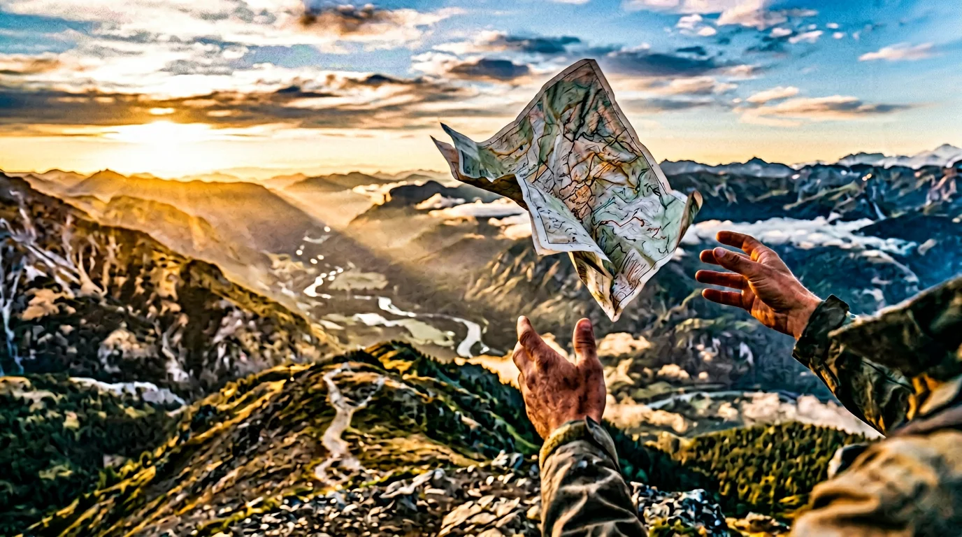 Hands releasing a map into wind over a real landscape valley at dawn.