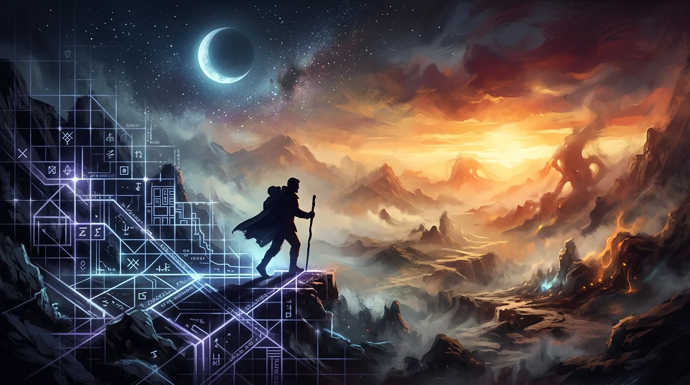 Silhouette at edge of a glowing grid stepping into misty uncharted land.