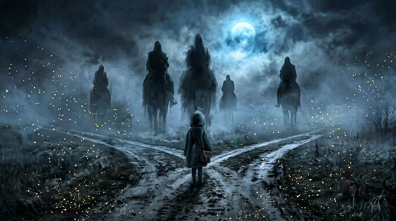 Child at a foggy crossroads with tall rider silhouettes, being named by another voice.