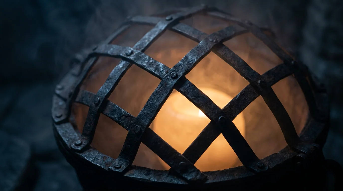 Iron seal over a soft inner glow, binding and cage.