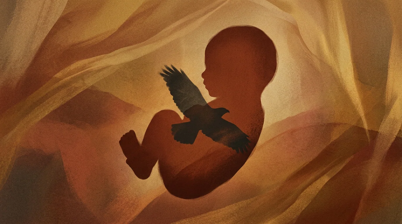 Small figure with a second winged shadow over the heart, more than one presence.