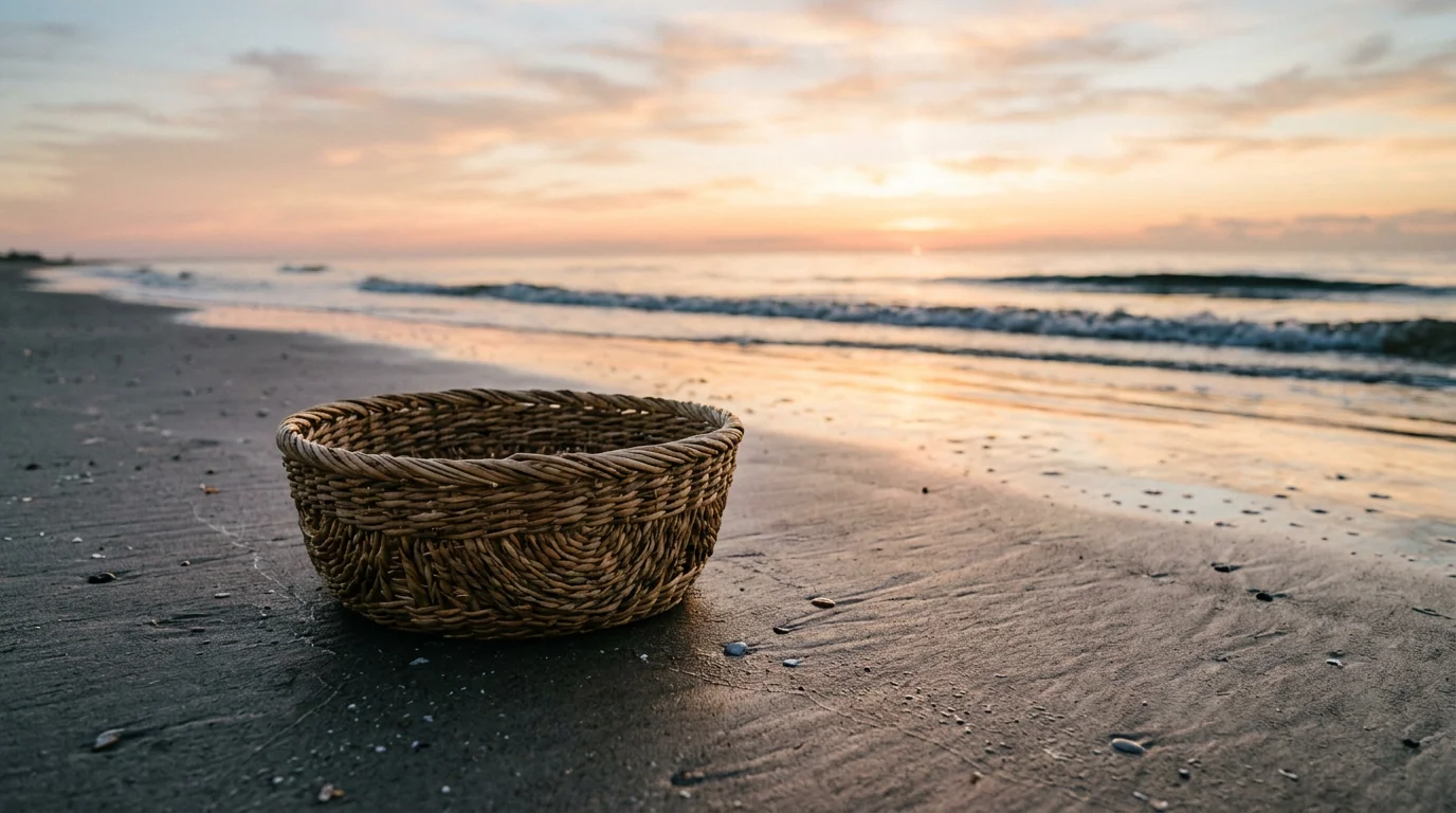 Reed basket on wet sand at dawn, rebirth at the edge of the sea.