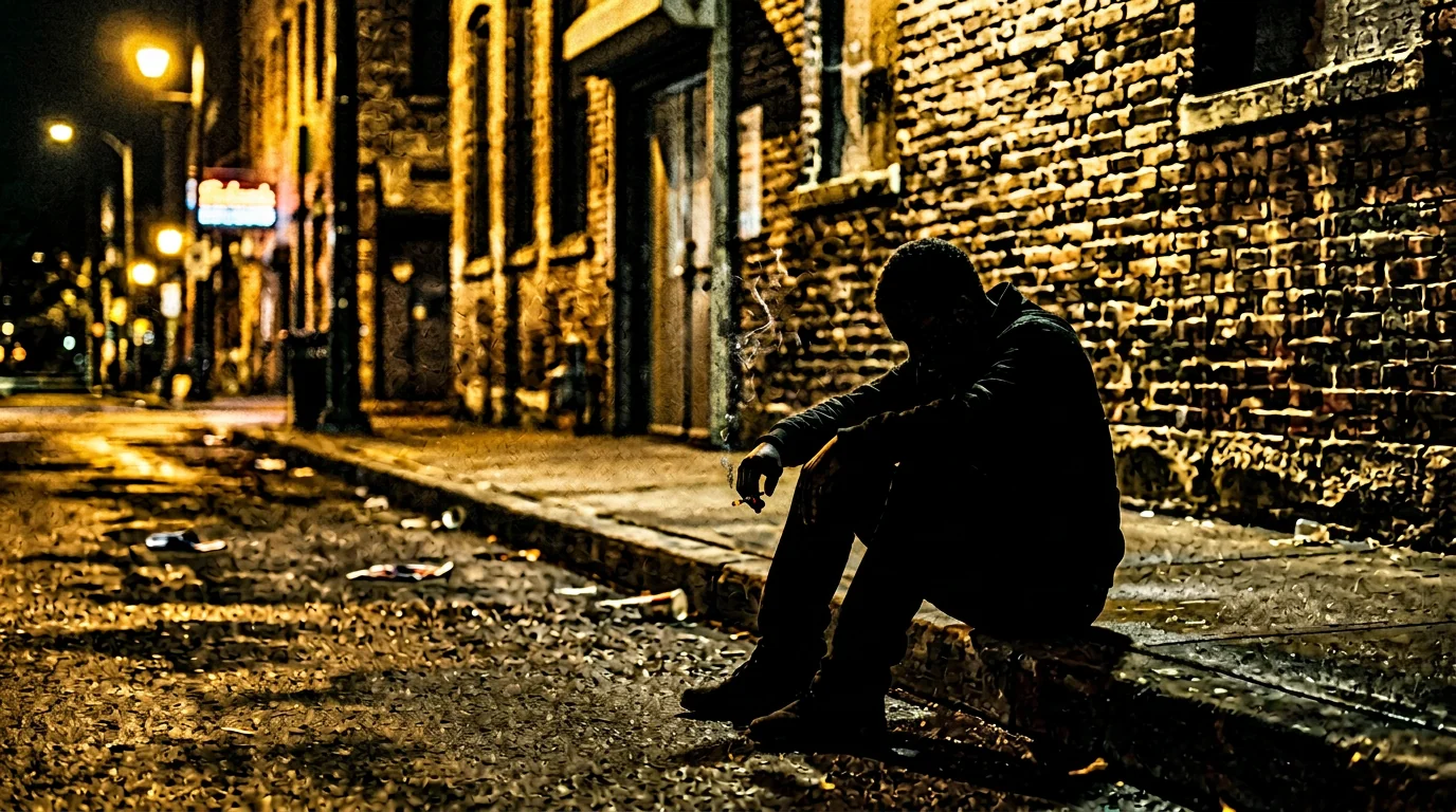 Lone figure outside at night small warm ember glow, cold after the circle.