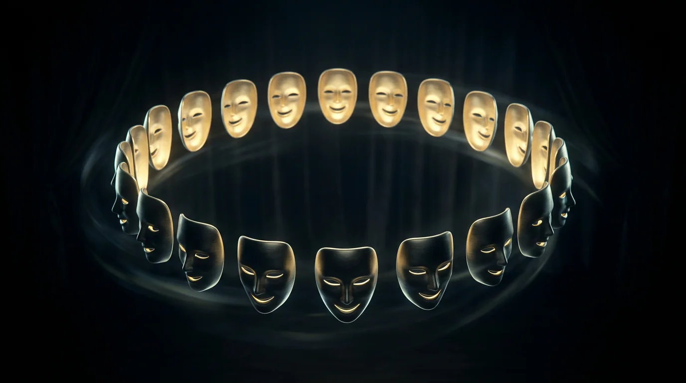 Circle of identical glowing masks, polished helper personas in a group.