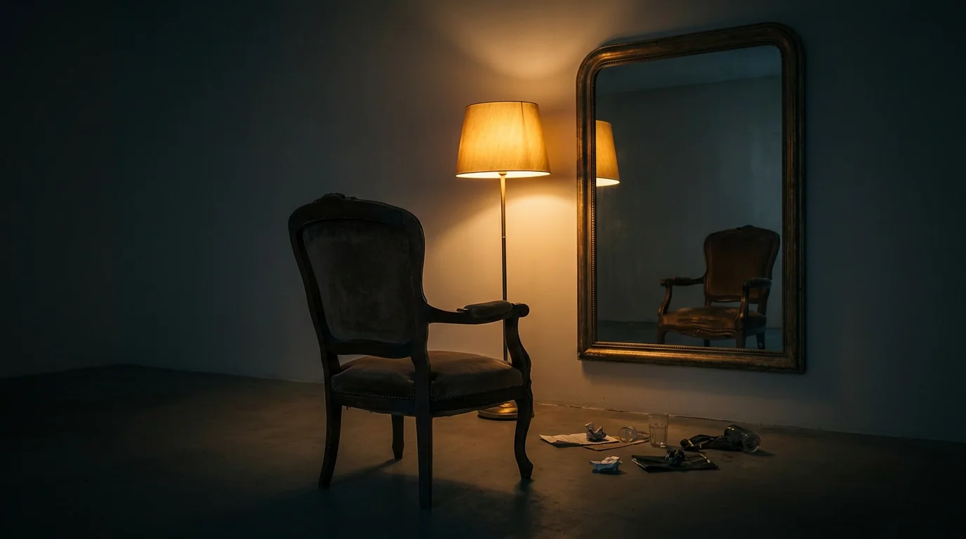 Single chair facing mirror in dim room, sit with your own mess.