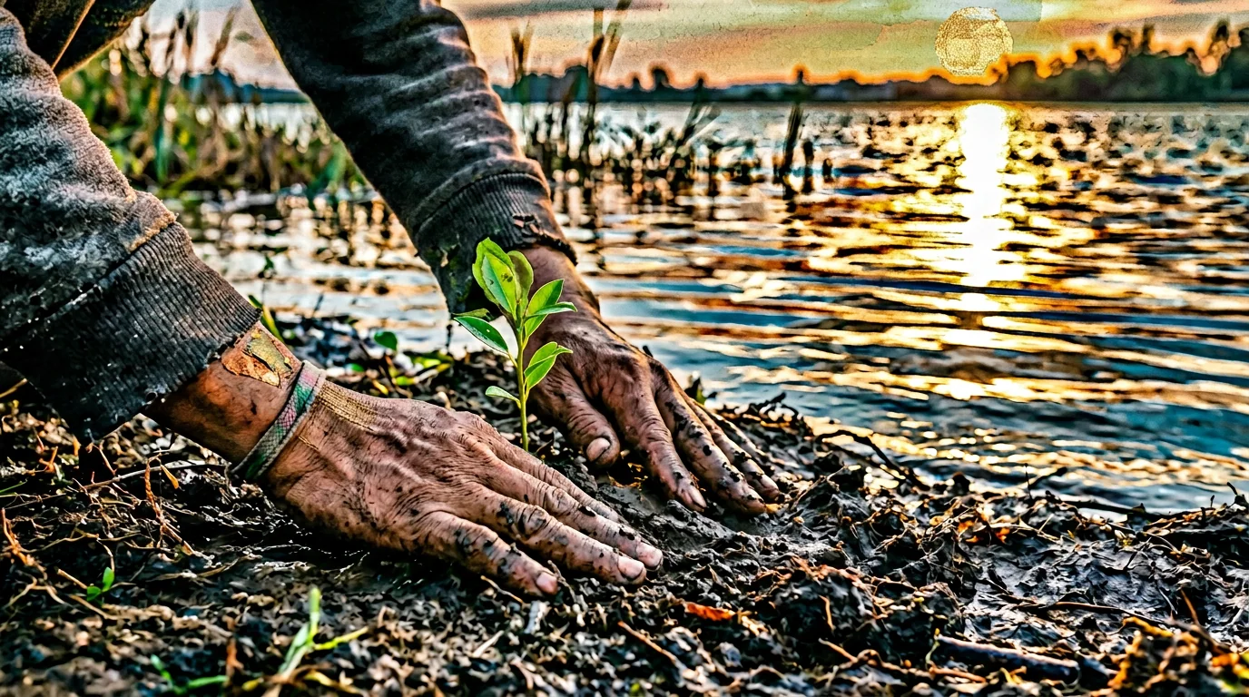 Hands tending a seedling at dawn, integration as ordinary labor.