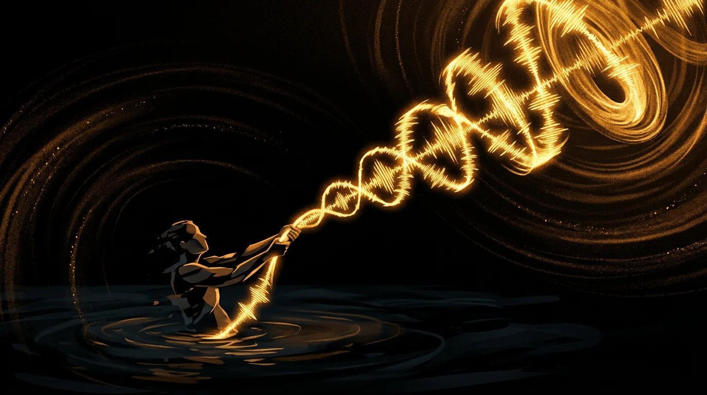 Spiral of golden sound like a rope through dark water, structure that holds.