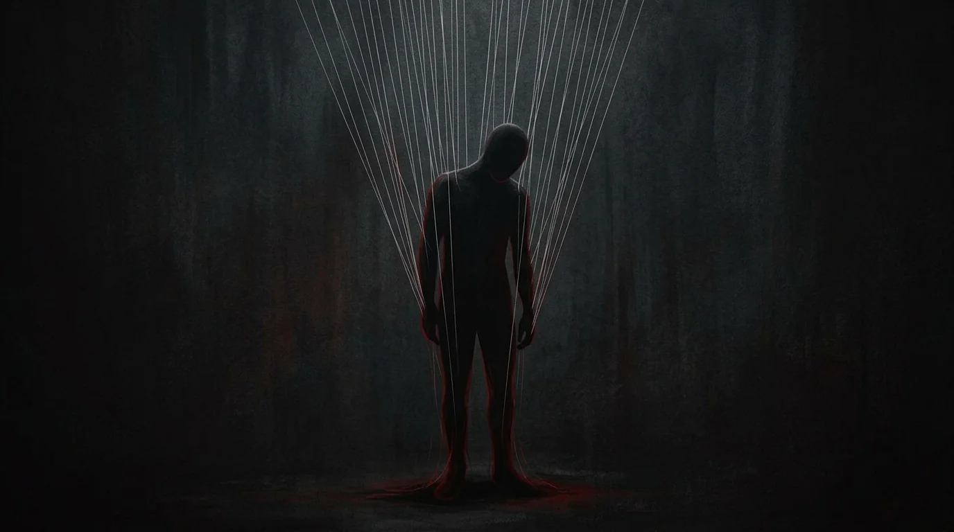 Dark silhouette with fine threads pulling upward like expectations or control lines.