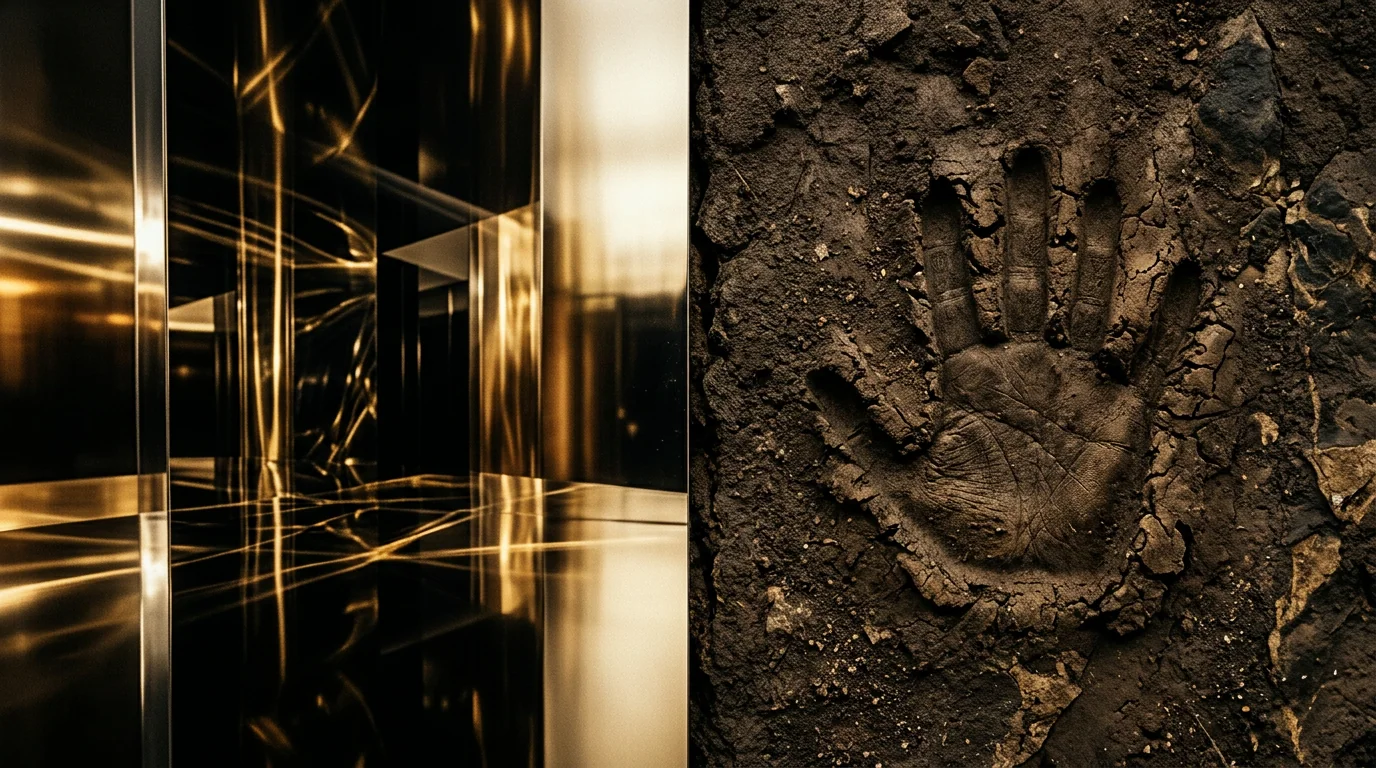 Split image: shimmering mirror surface beside raw earth texture, appearance versus ground.