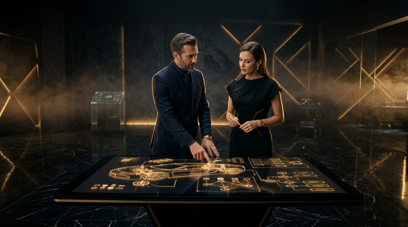 The two founders in a dark luxury studio combining bodywork and systems analysis