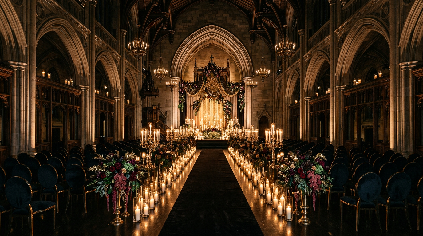 A grand ceremony hall prepared for a wedding or ritual
