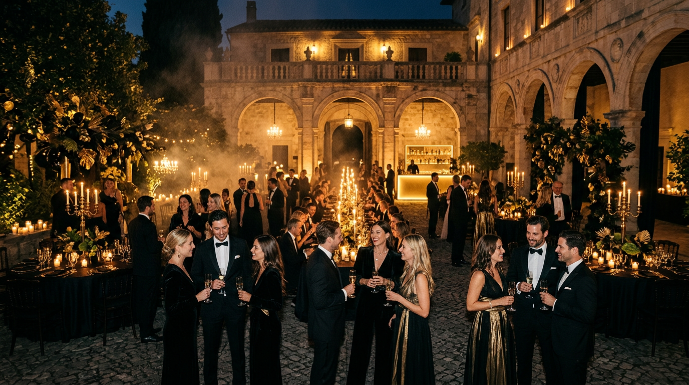 An elegant nighttime community gathering with candlelight