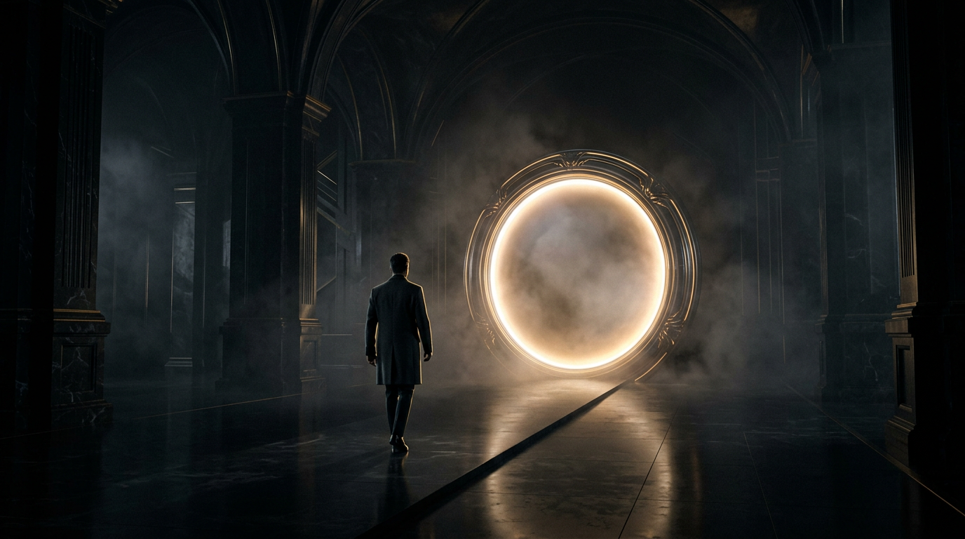 A lone figure facing a luminous circular portal