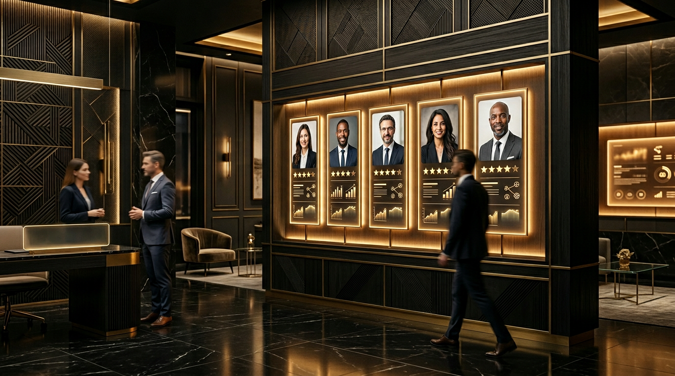 A refined black-and-gold trust wall representing public reputation and visibility