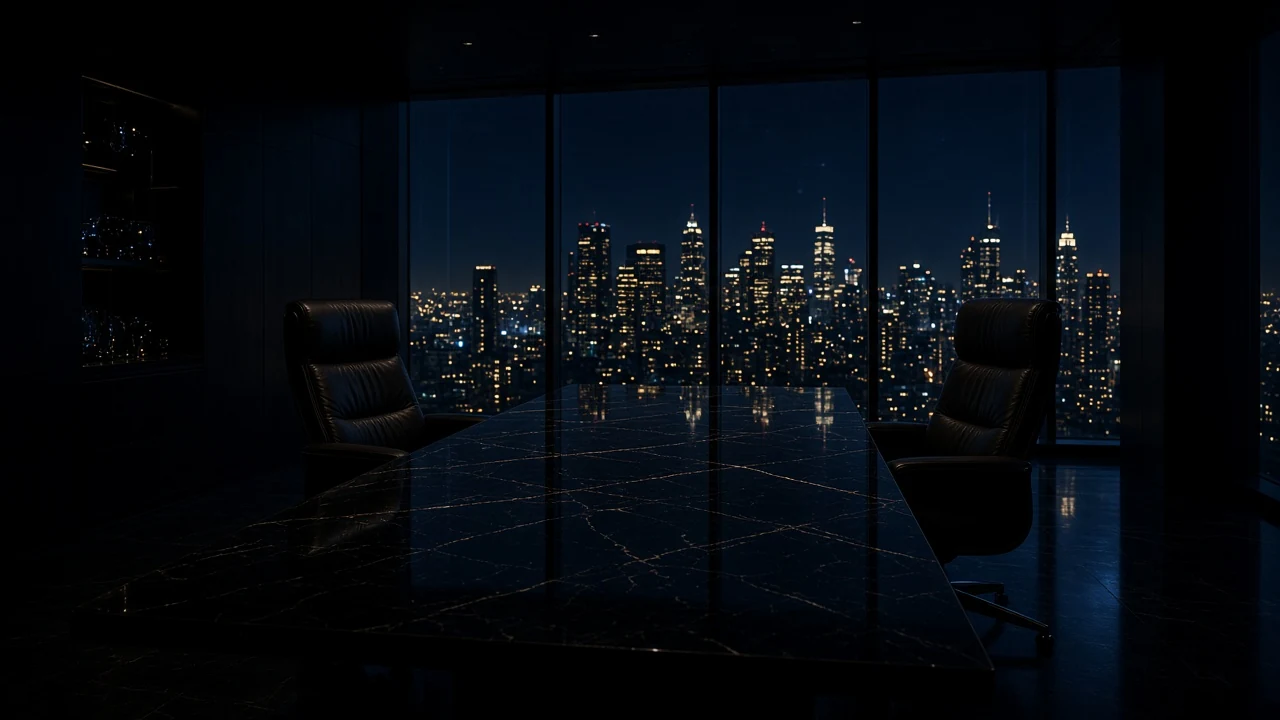 Night city seen through tall windows, gold reflections on dark water