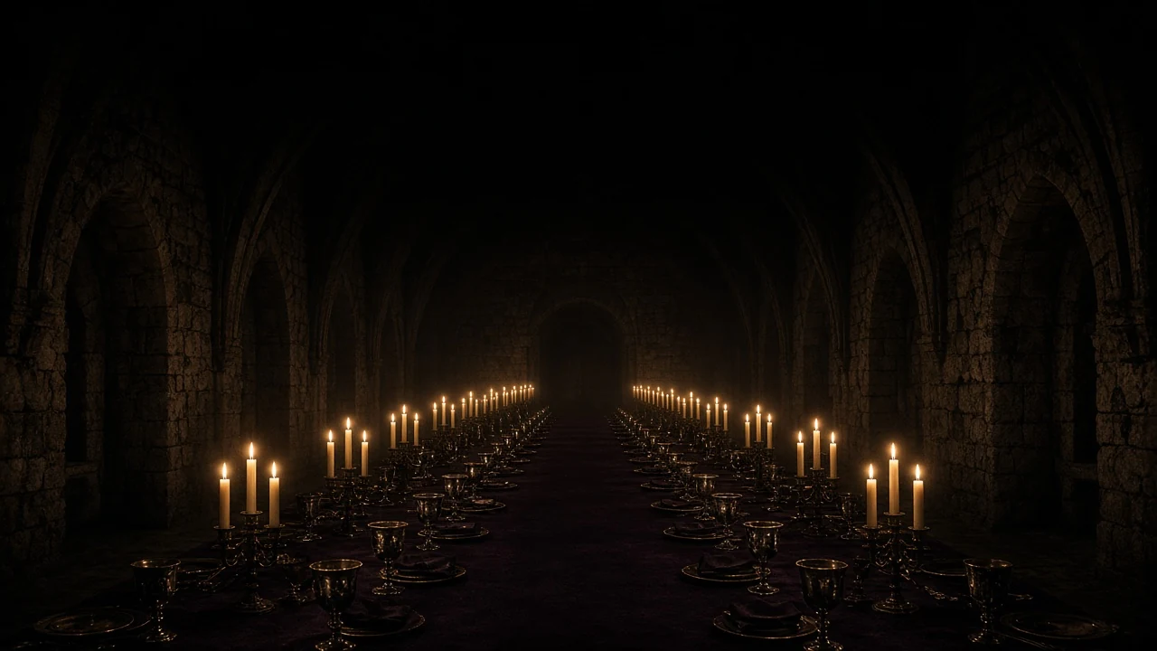 Grand hall at night lit by gold chandeliers, empty chairs arranged for counsel
