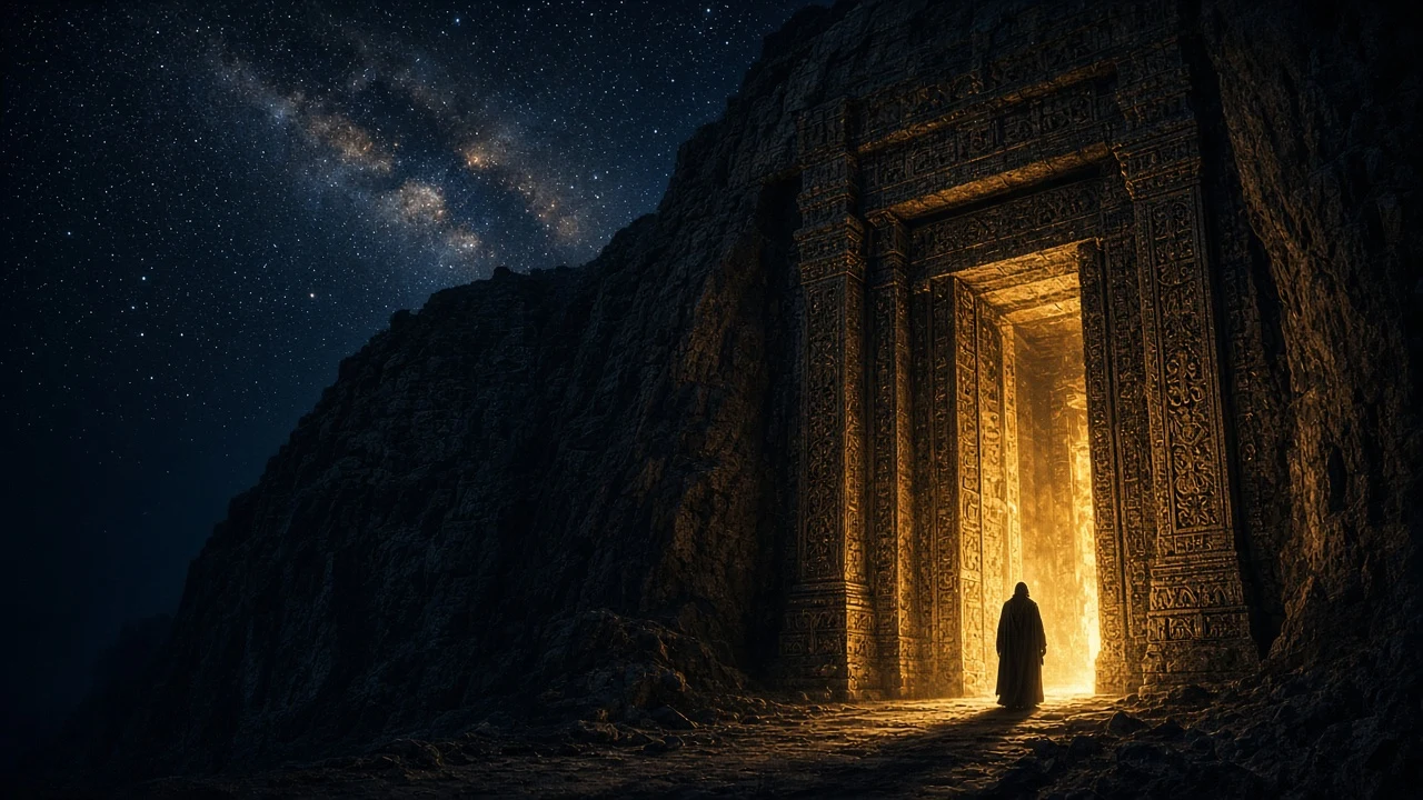 Colossal temple doorway at night blazing gold firelight, a lone robed figure silhouetted in the doorway, dark cliff on the left for the title