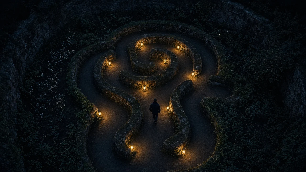 Stone labyrinth at night with gold lanterns along its turns