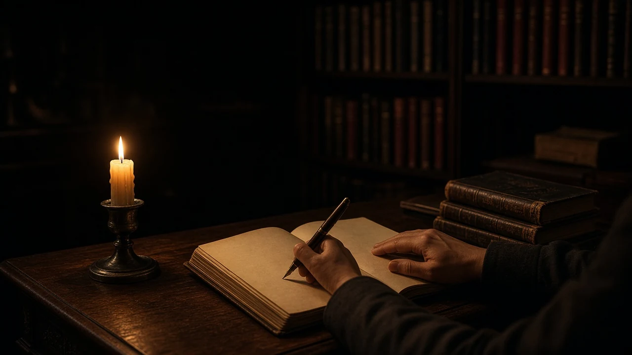 Candlelit study at night, hands writing in a journal, books fading into darkness