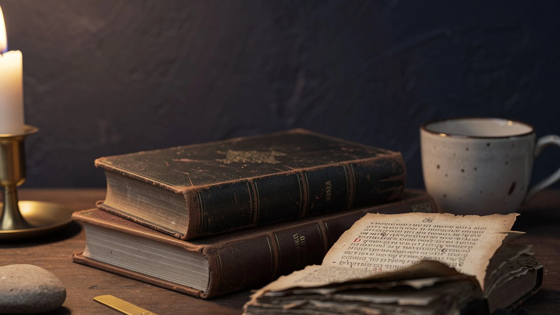 A candle, stacked antique books, folded cloth, and a cup arranged in a quiet study.