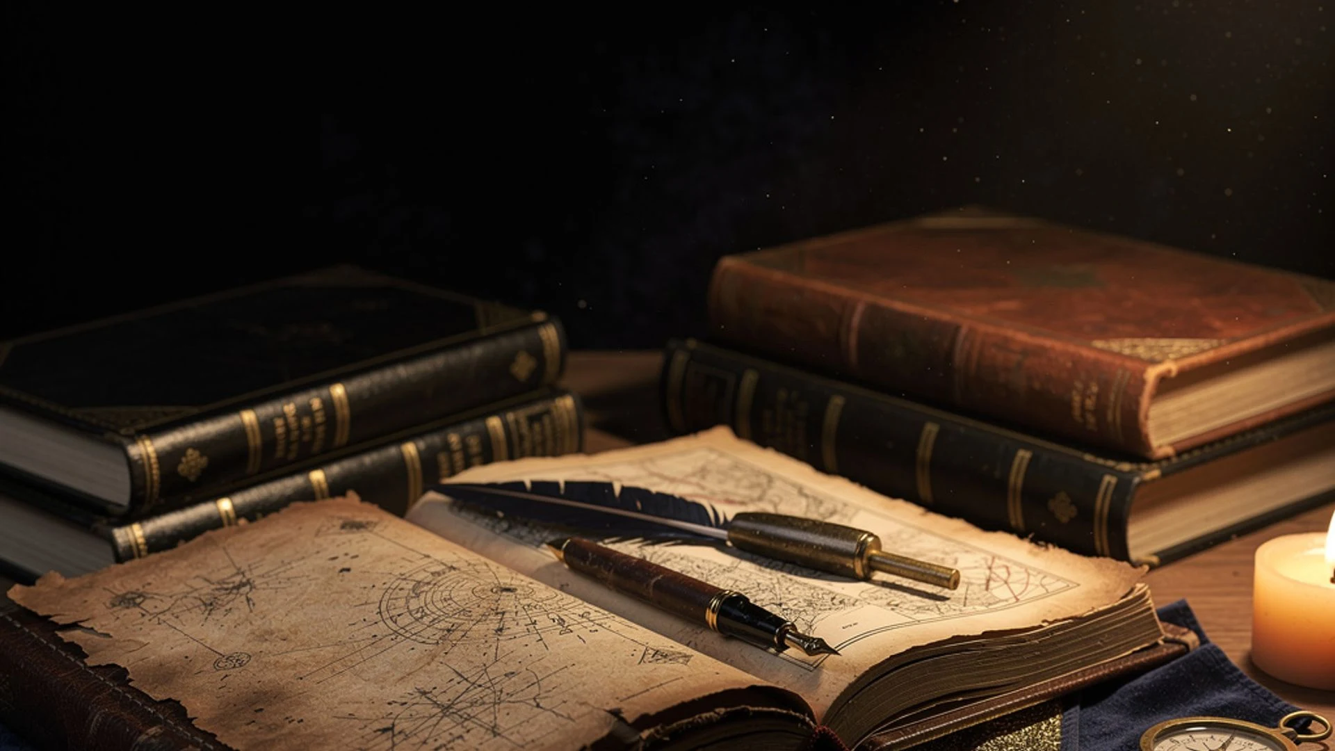 Open and closed antique books arranged over a weathered map.