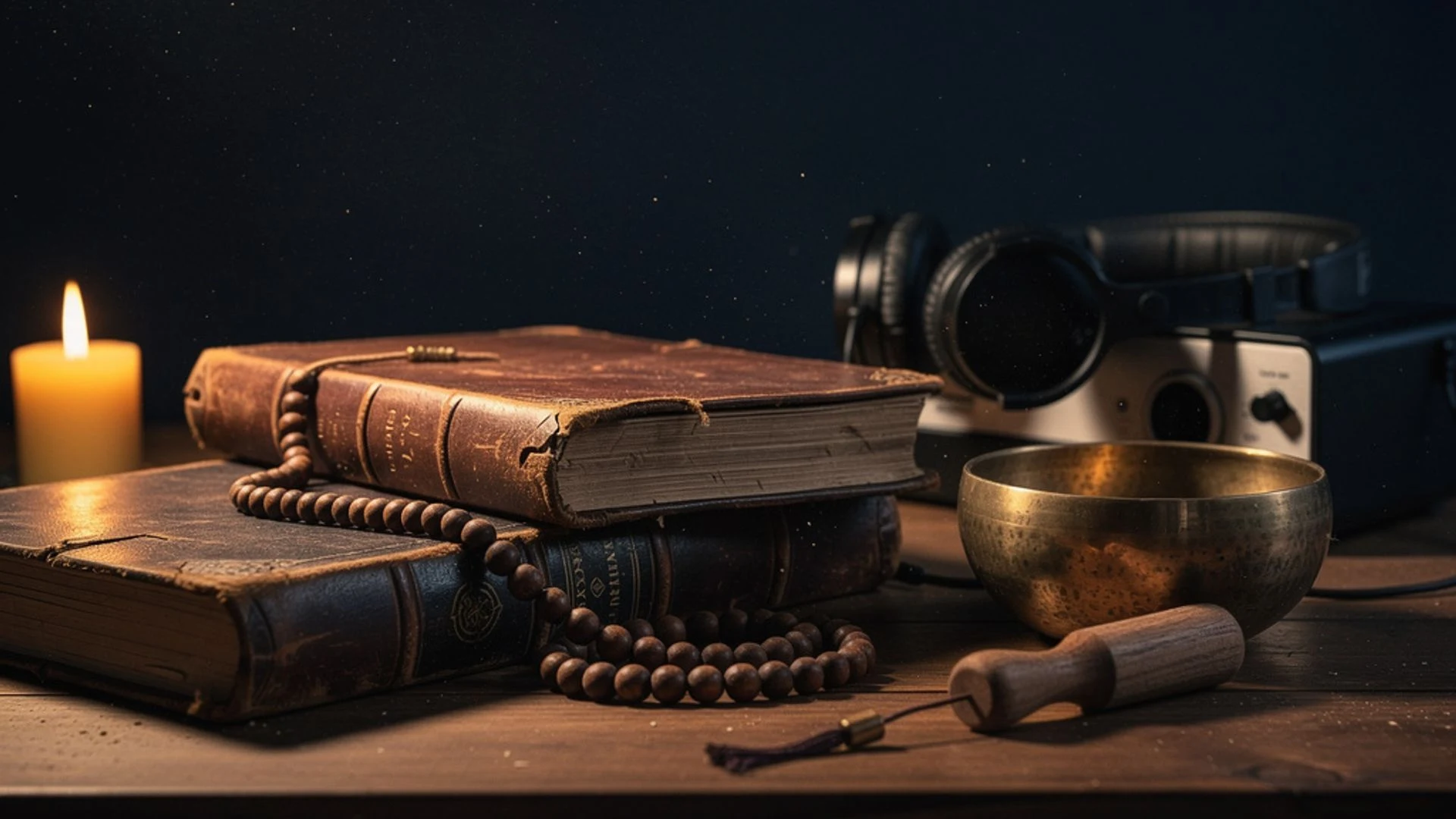 A candle, stacked books, prayer beads, singing bowls, and a tuning fork on a table.