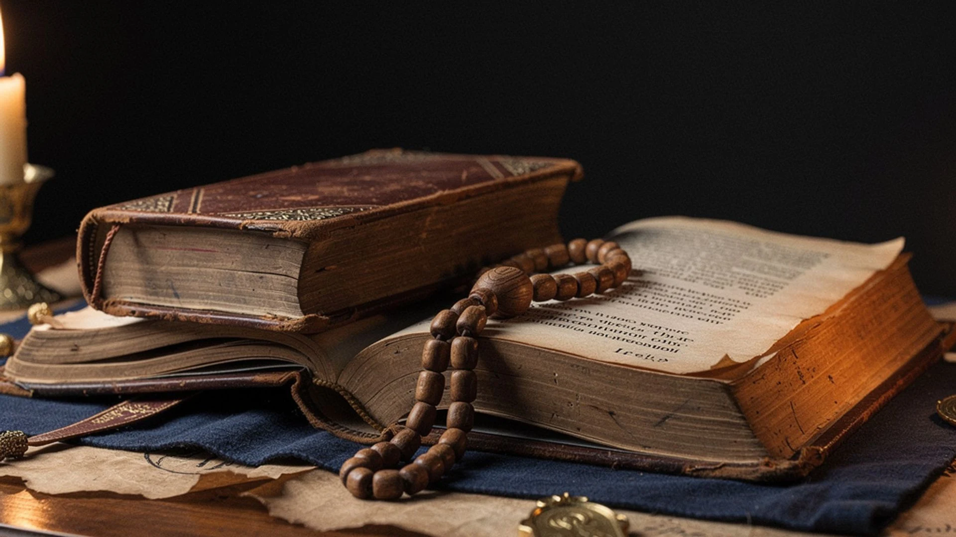 Prayer beads draped across two antique books beside an open text.