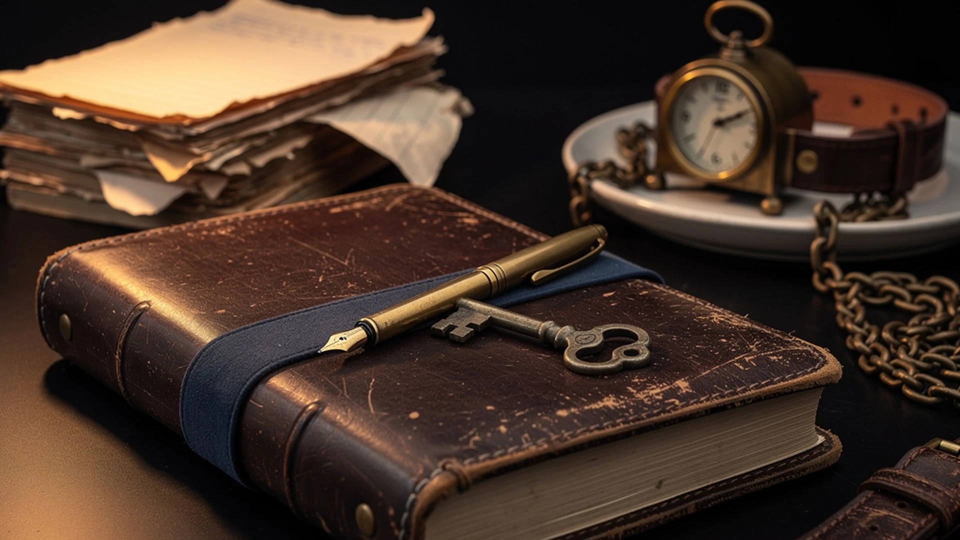 A pocket watch and brass key resting on a closed book beside writing paper.