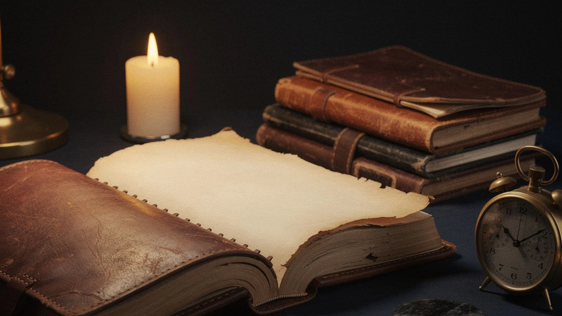 A candle, open blank journal, stacked books, and small clock on a dark table.