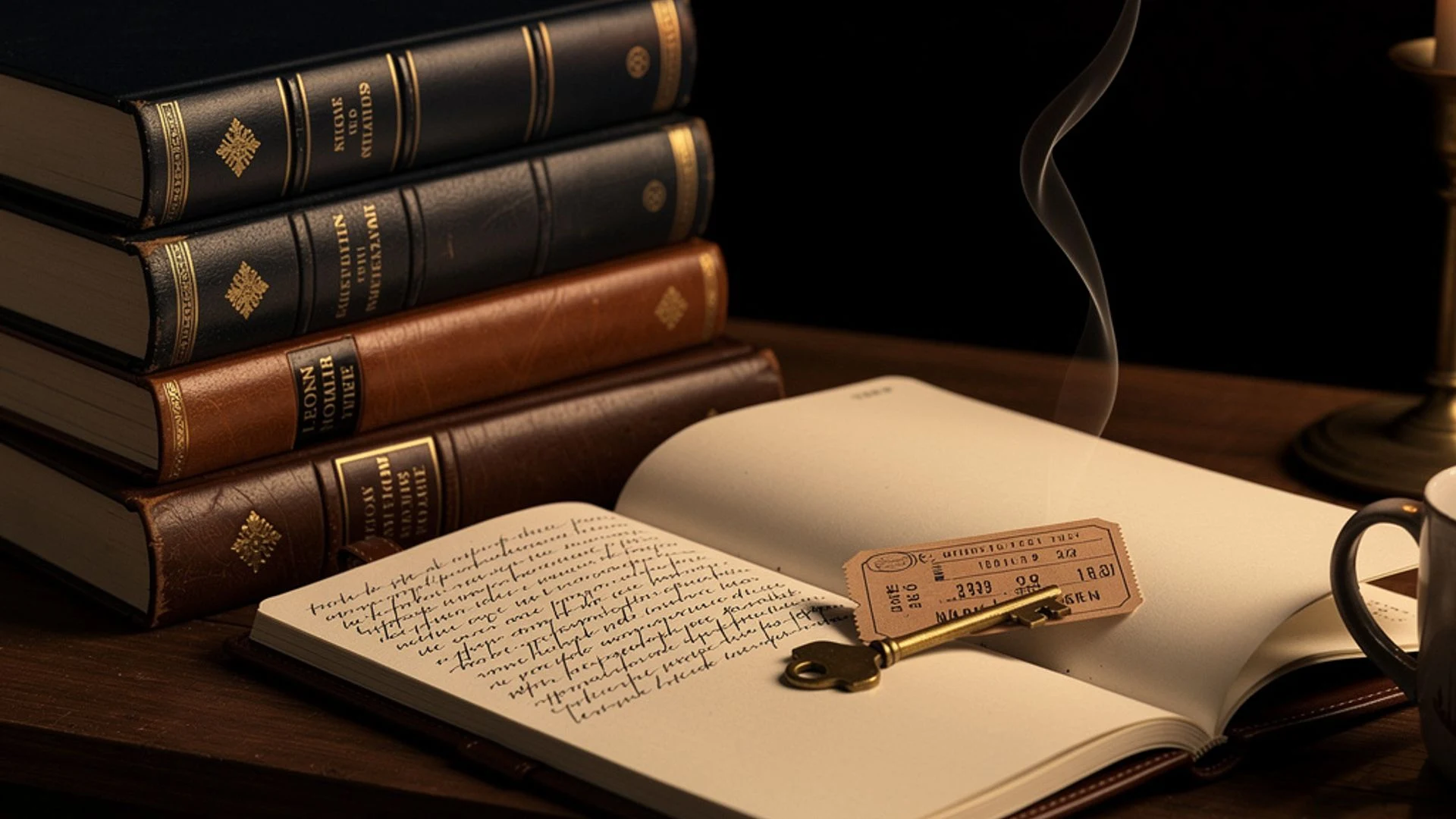 A ruler across an open notebook beside stacked books in low light.