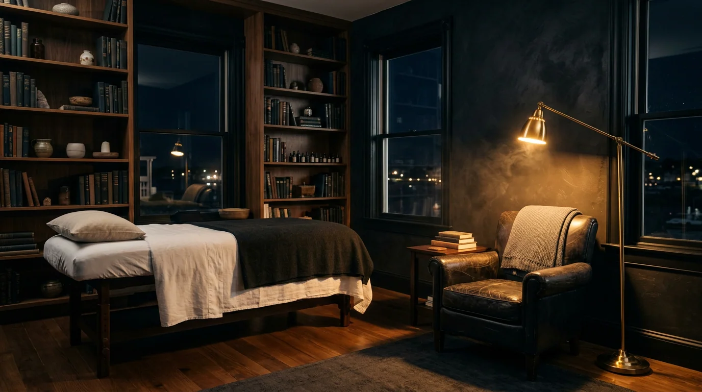 A session room at night: low table dressed in white and dark wool, leather chair under a brass floor lamp, windows opening onto distant town lights