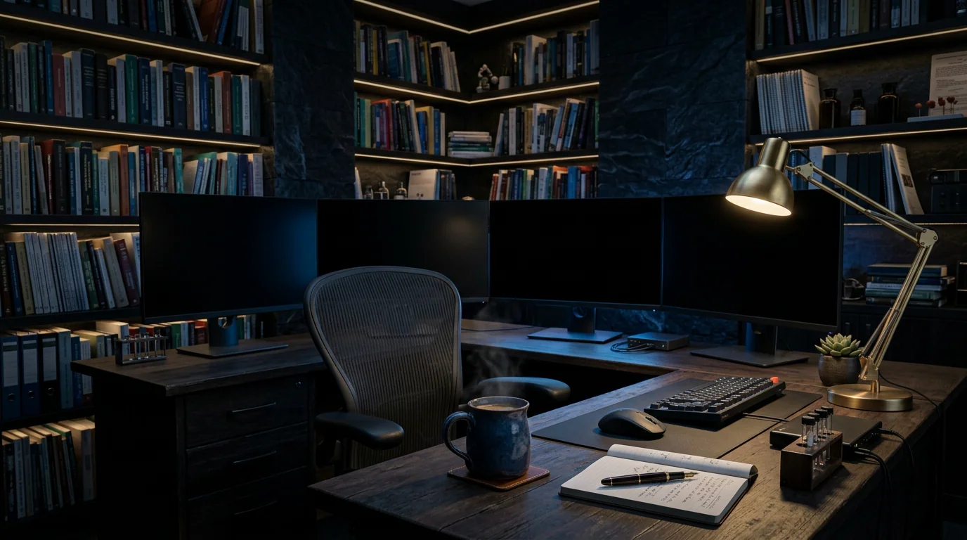 A study at night: bookshelves climbing the walls, a brass desk lamp lit, a notebook and ink pen waiting on a wide curved desk
