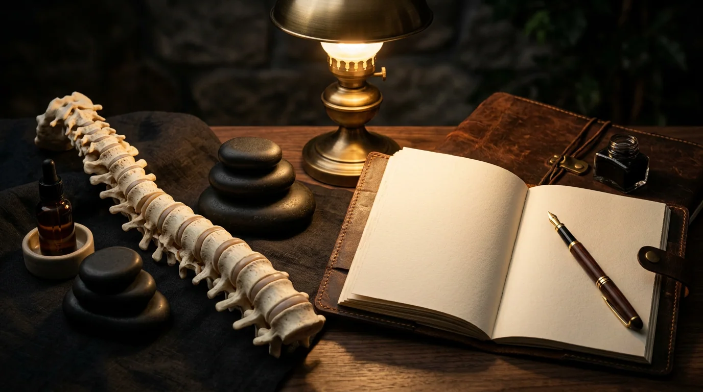 A wooden desk under a brass oil lamp. On one side an anatomical spine, hot stones, an amber tincture bottle. On the other a leather-bound journal, a fountain pen, an inkwell. Two practices in one frame.