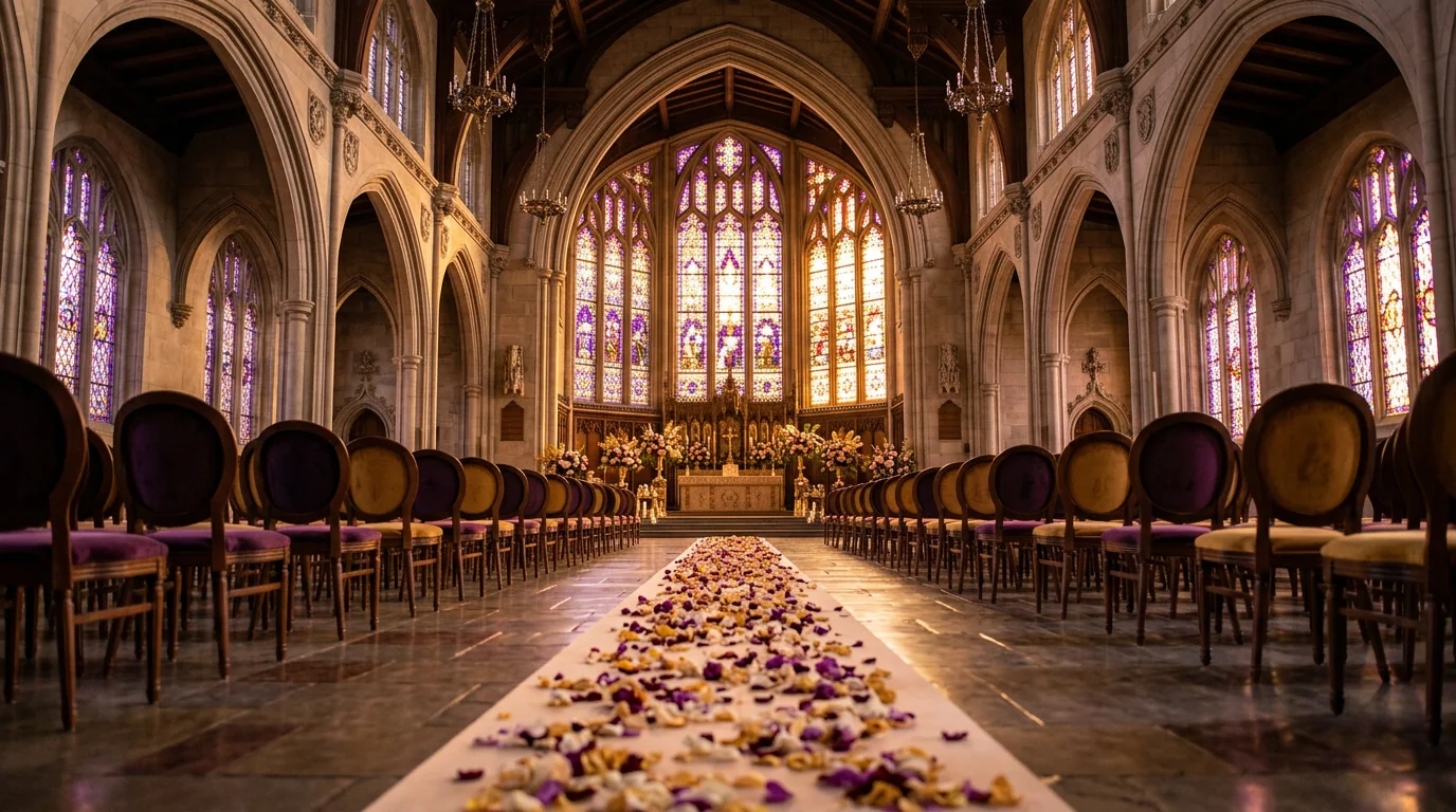 A grand ceremony hall prepared for an event, candles lit and the room held quiet before guests arrive